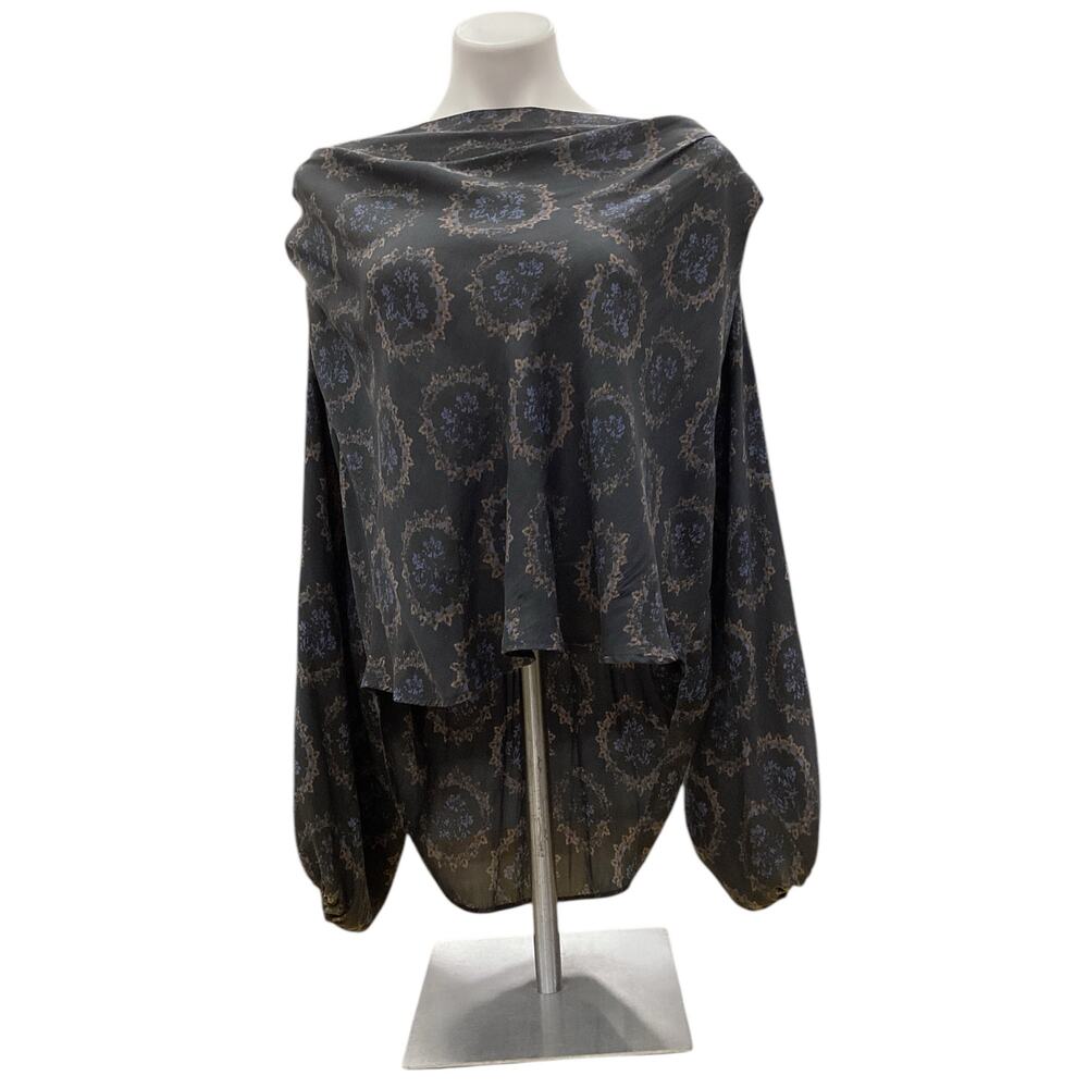 Free People Women’s Blouse Size S/P Polyester High-Low Gray Blue Flowers Print